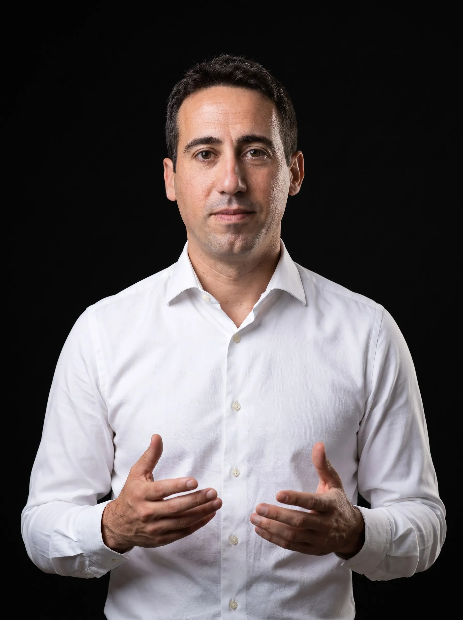 Manuel Liria, con camisa blanca, explicando con las manos sobre fondo negro de estudio